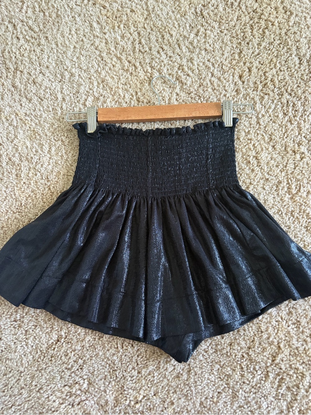 QUEEN OF SPARKLES Shimmery Black Smocked Waist Skort
